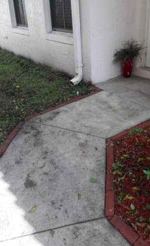 Reviewer's walkway covered in grass before using the outdoor cleaner