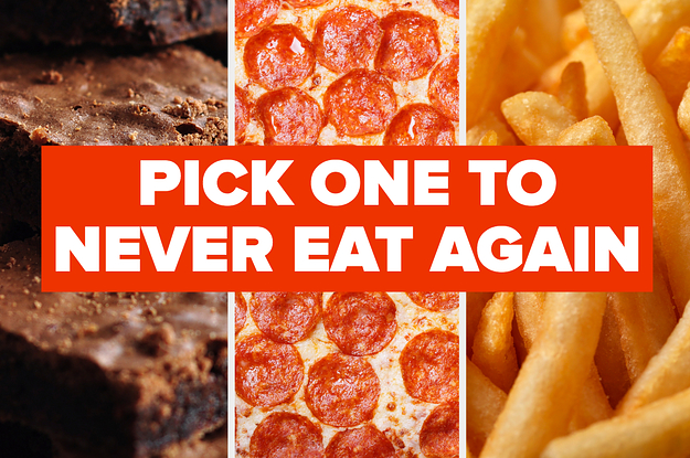 From left to right: Brownies, pepperoni pizza, and french fries