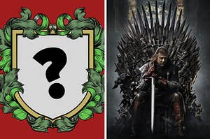 On the left is a crest with a question mark for the house you create and on the right is Ned Stark sitting on the iron throne
