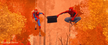 Peter B. Parker teaching Miles Morales how to web-swing in &quot;Into the Spider-Verse&quot;