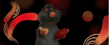 Remy from &quot;Ratatouille&quot; eating cheese and strawberry with swirling patterns surrounding him