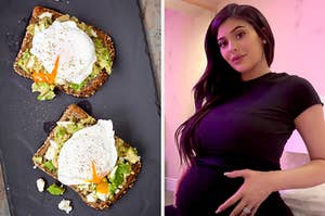 On the left, two pieces of avocado toast with poached eggs on top, and on the right, Kylie Jenner caresses her baby bump