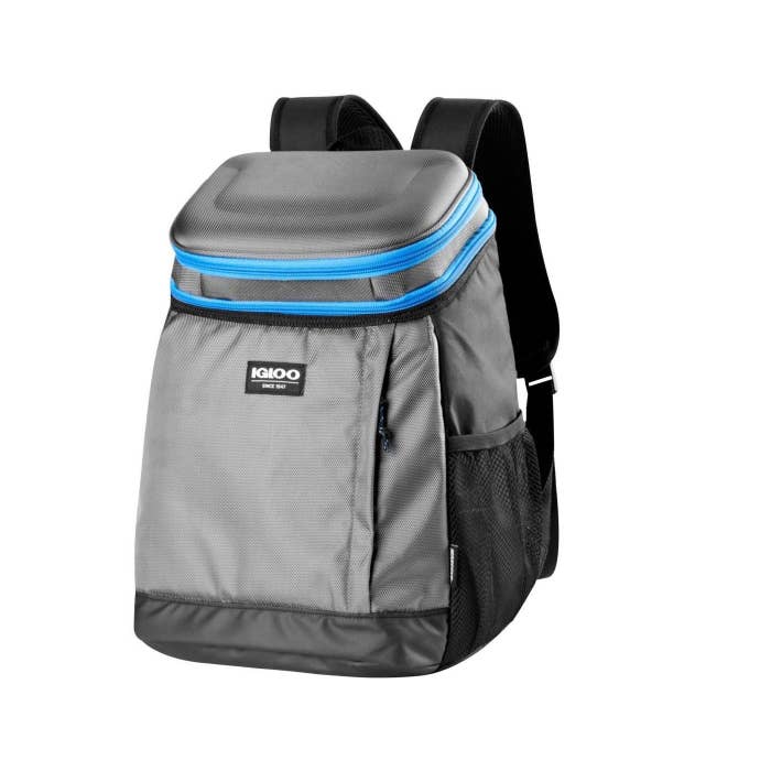 A light gray backpack with black and light blue accents