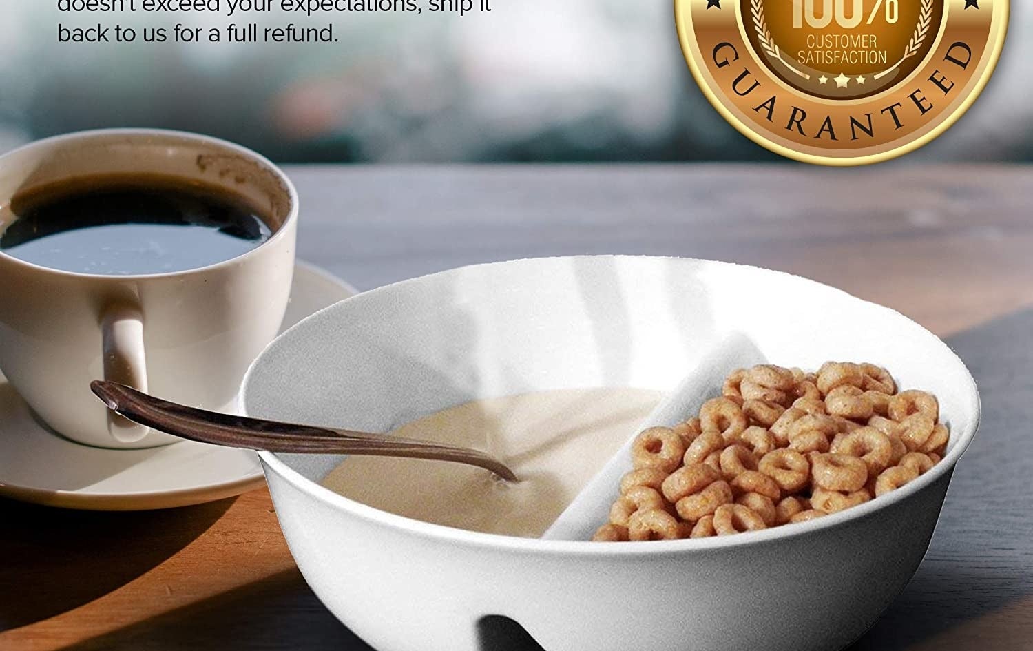 A bowl with milk in one compartment and cereal in another