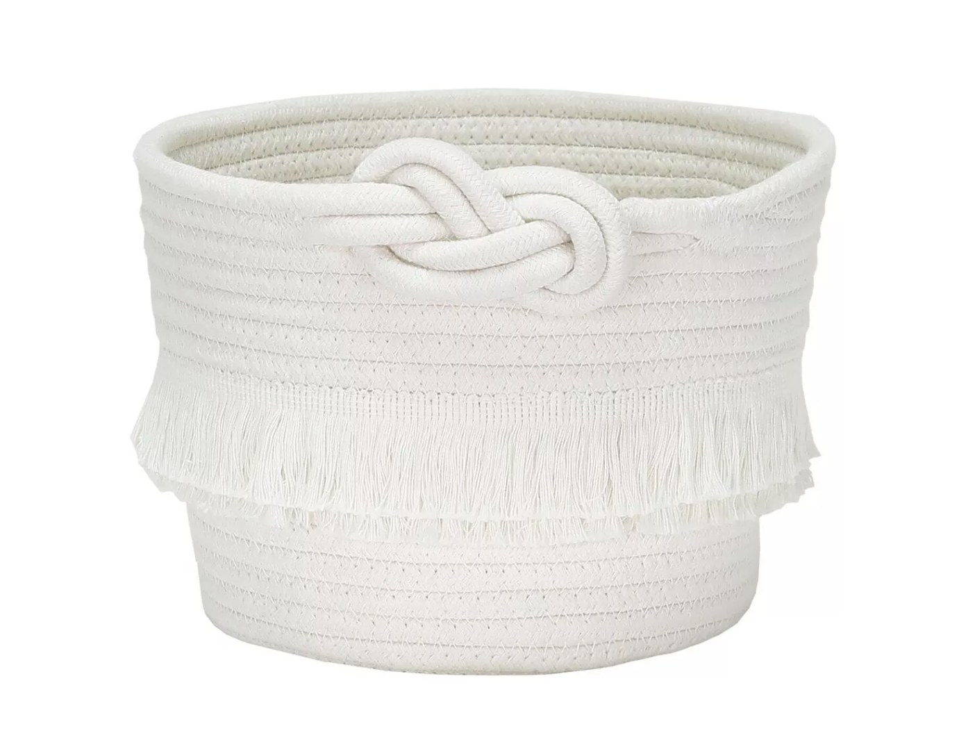 A white storage basket with an ornamental rope knot