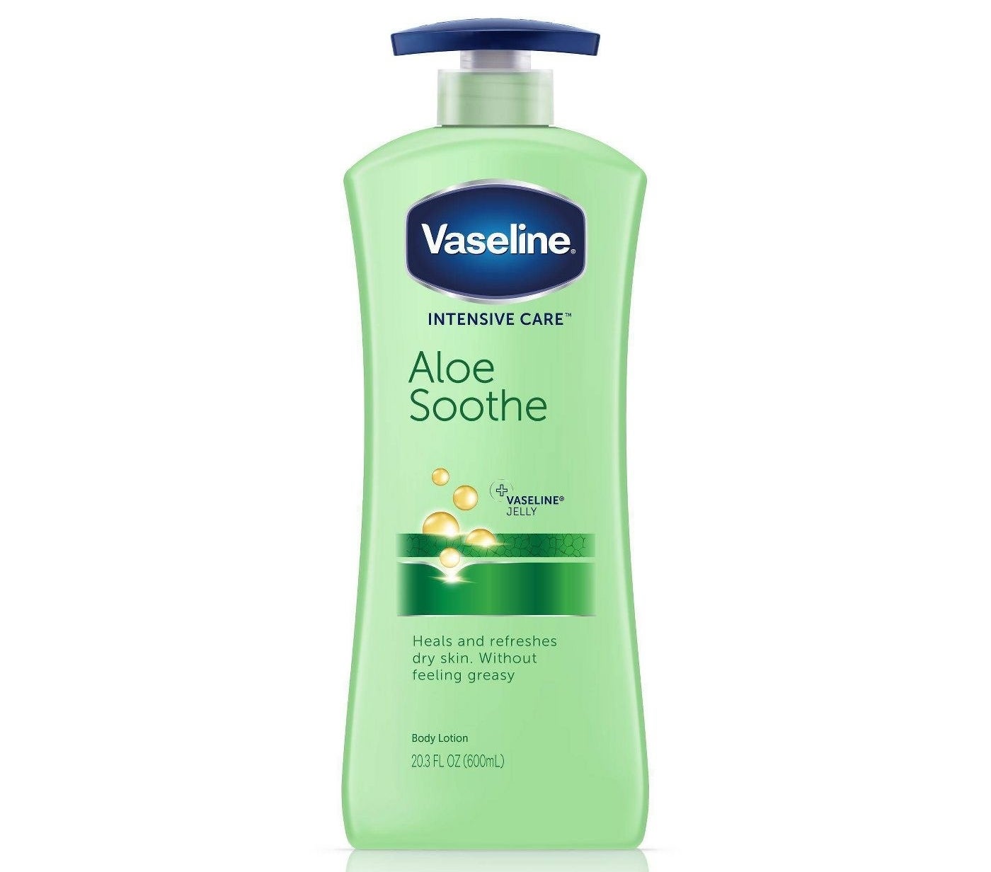 A green pump bottle with blue top of Vaseline aloe soothe