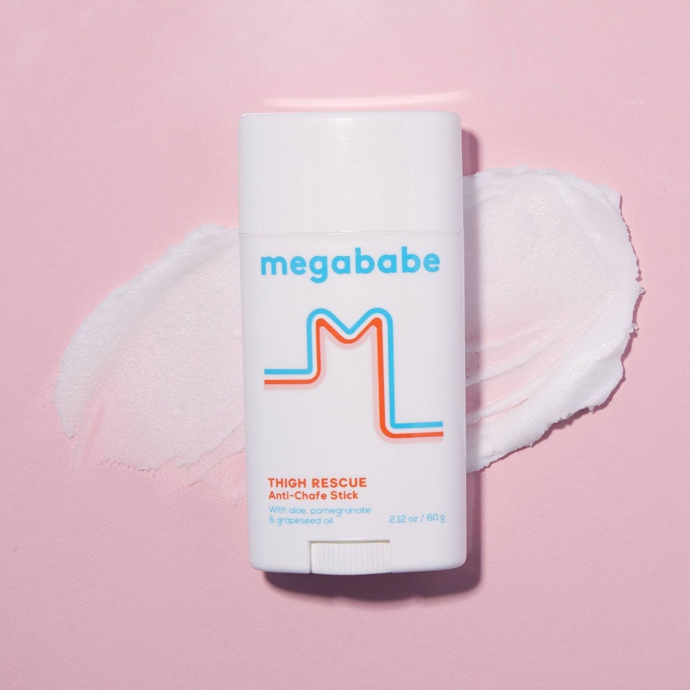 A white stick of Megababe anti-chafe with red and blue branding