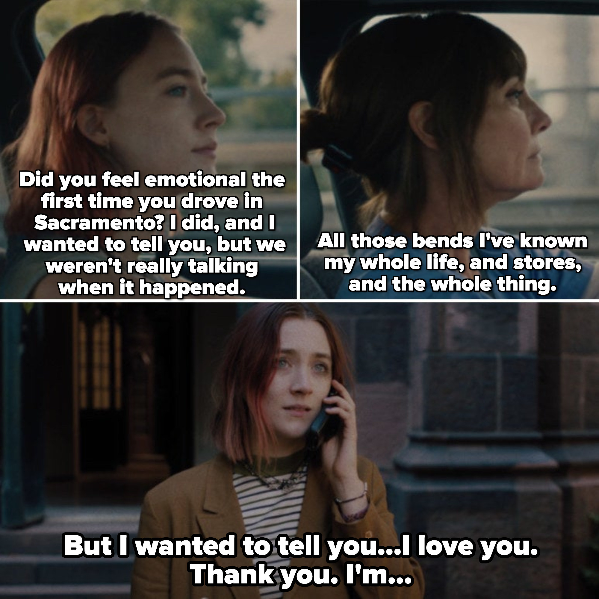 Lady Bird leaving an emotional message for her mom on the answering machine, standing outside the church in New York City