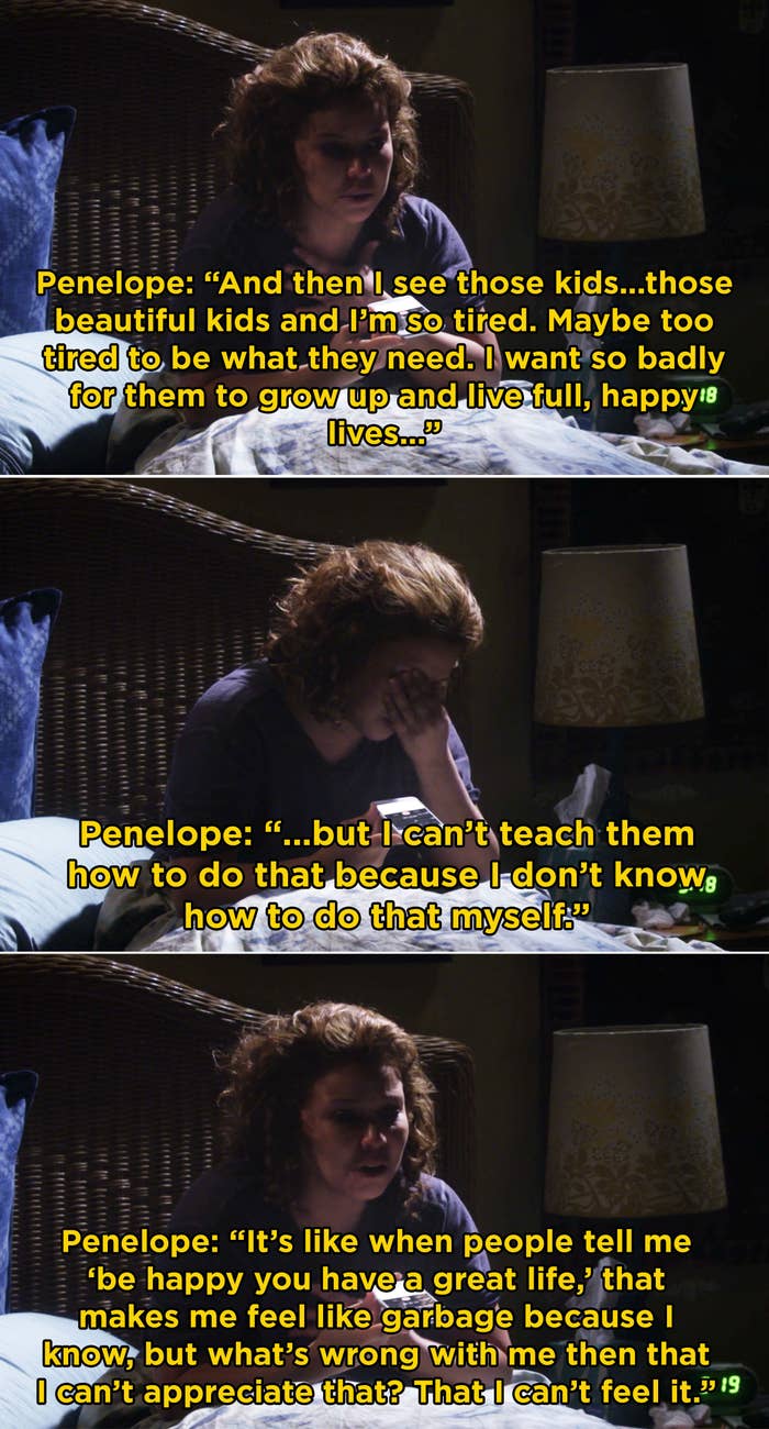 Penelope on One Day At A Time talking about her depression and how people tell her to "be happy you have a great life," but that just makes her feel like garbage