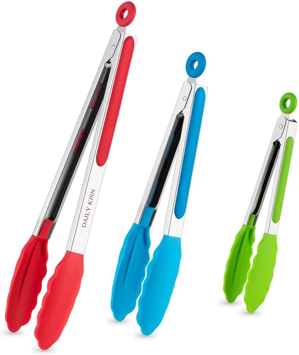 three kitchen tongs in three sizes and colors red, blue, and green