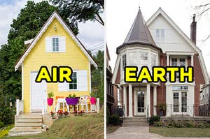 On the left, a tiny, bright cottage in the woods with a small porch out front and "air" typed on top of it, and on the right, a cute Victorian house on the corner of a street with "earth" typed on top of it