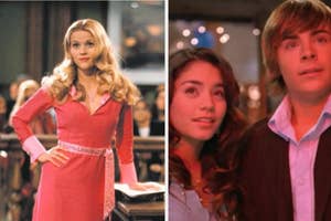 Reese Witherspoon poses on a courtroom table and Zac Efron and Vanessa Hudgens look out into the stars