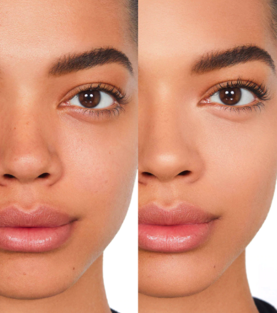 Side by side image of one model before and after applying NARS sheer foundation