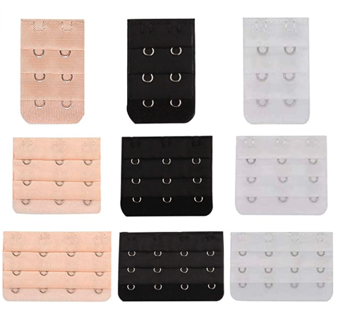 A set of nine bra extenders in three different sizes and three different colours