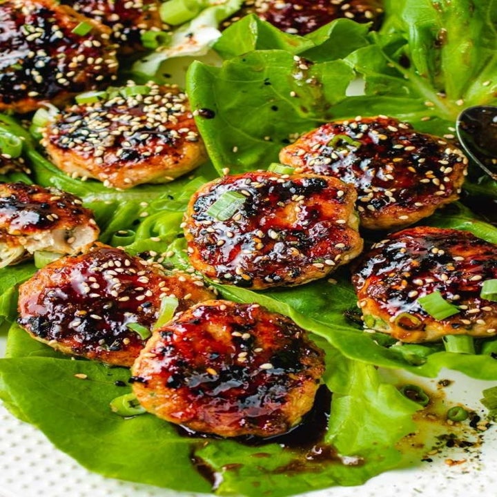 Japanese grilled chicken meatballs in lettuce wraps.