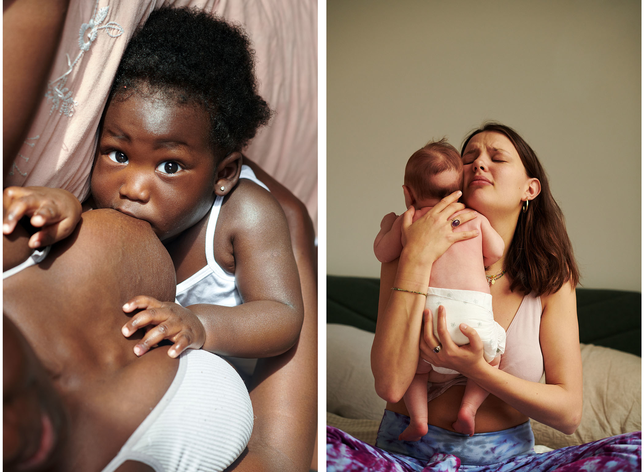 Right: a mother breastfeeding; left: a mother holds her baby