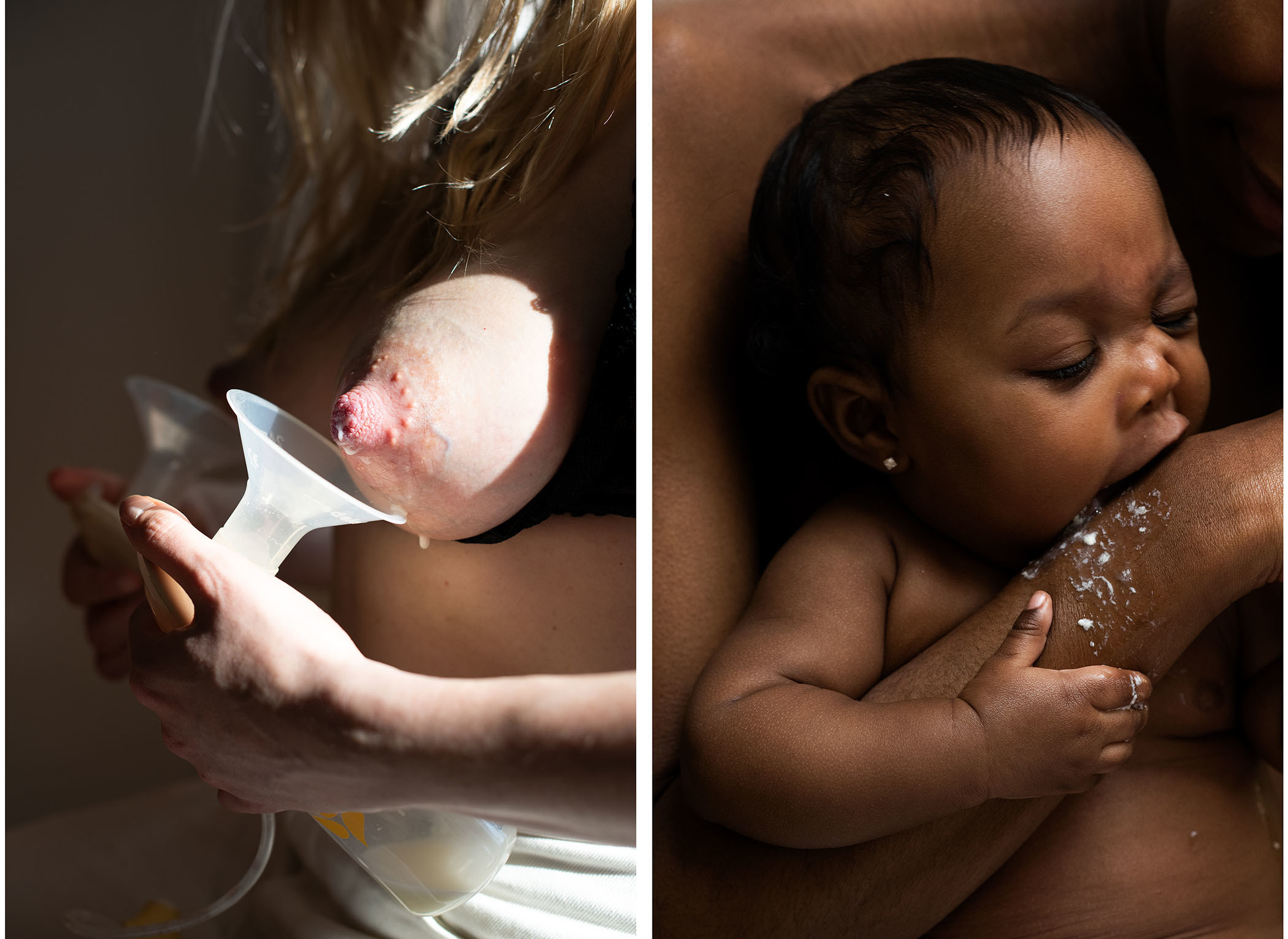 Right: A mother pumps breast milk; left: A baby is held