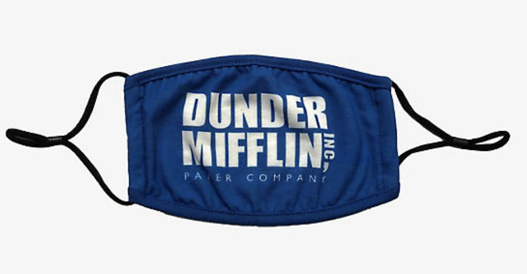 A blue face mask with the Dunder Mifflin logo 