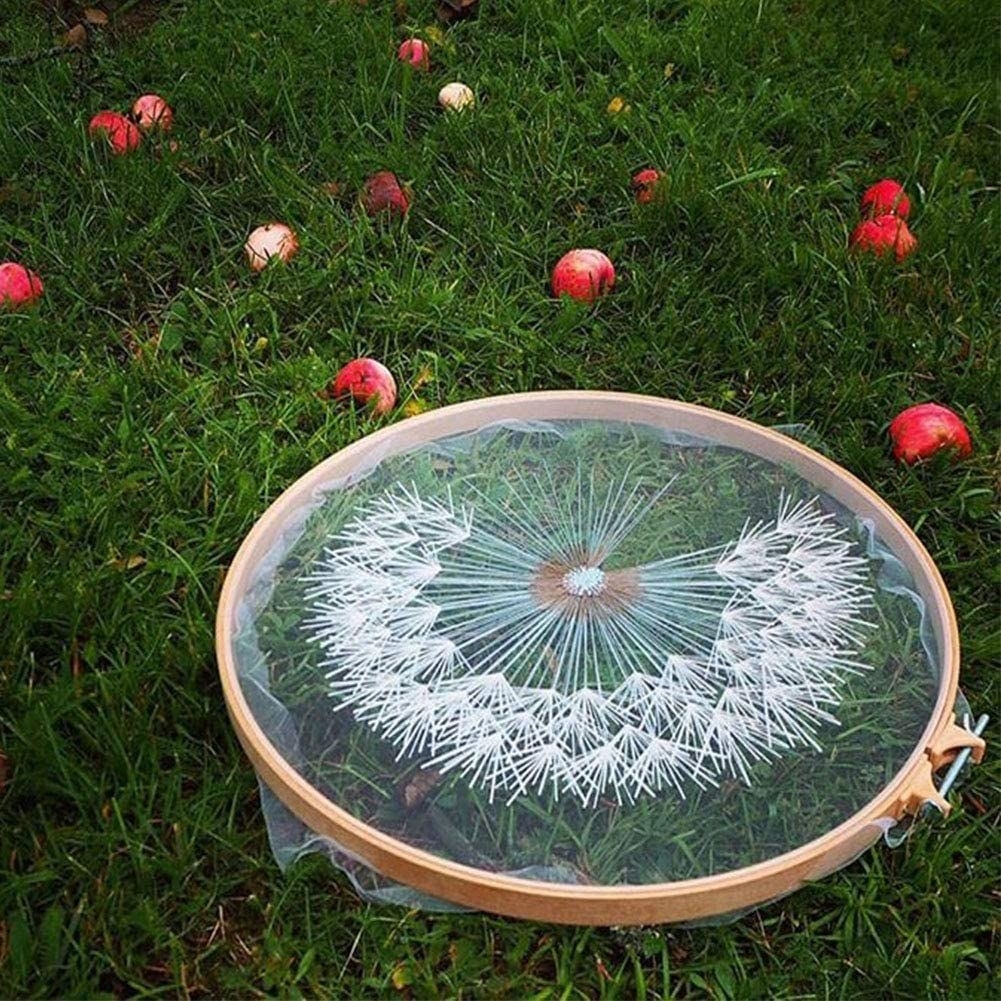 An embroidery hoop with a completed dandelion on sheer fabric