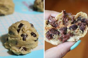 A side-by-side photo featuring a mound of uncooked cookie dough on the left and a fully baked cookie broken in half on the right