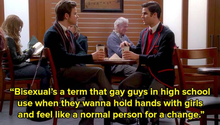 Kurt sits in cafe with Blaine in an episode of Glee and tells him bisexual is a term used for gay guys who want to appears normal in high school