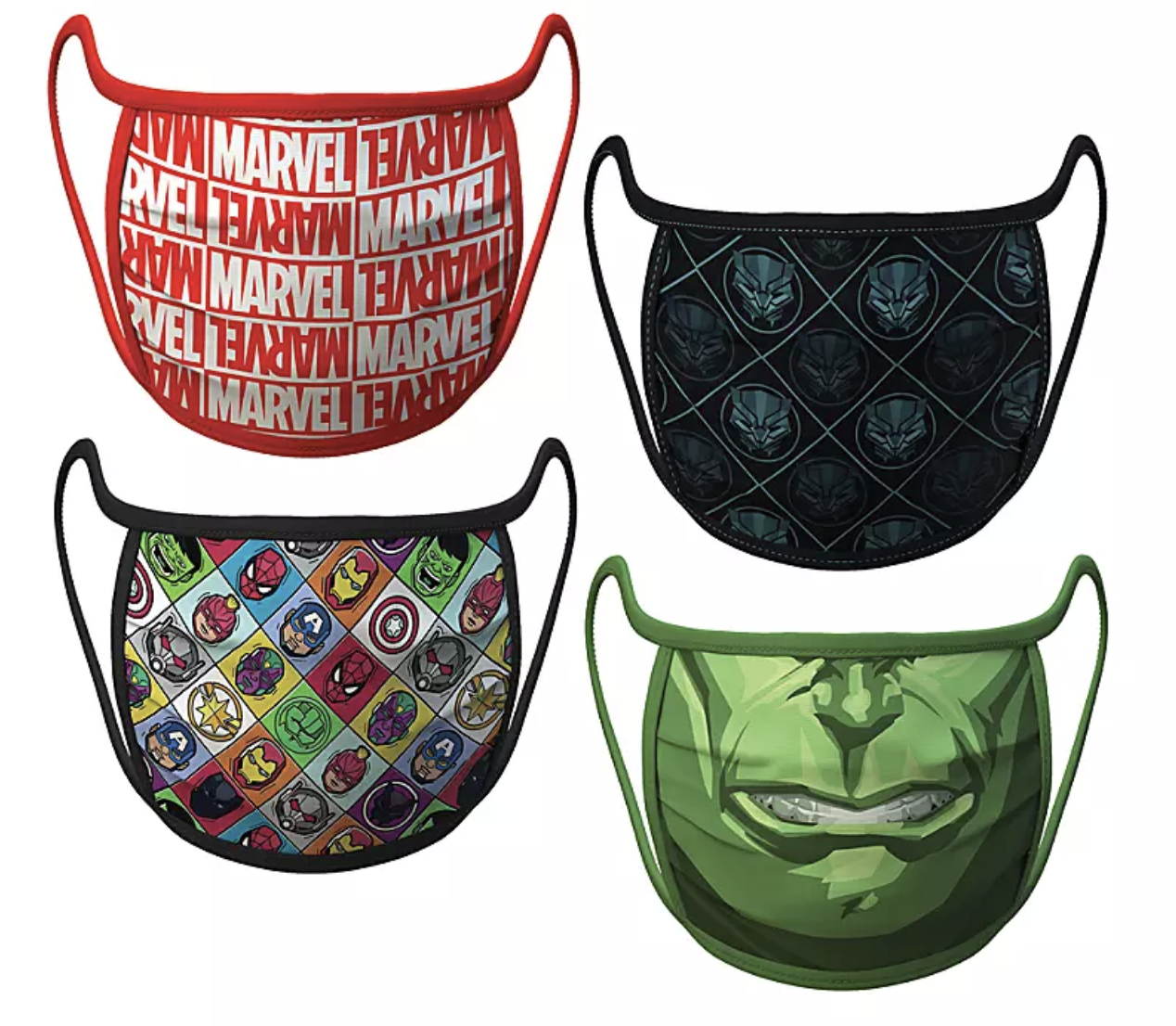 Four face masks in various Marvel prints