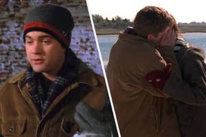 Pacey holding a paint can side-by-side with Pacey and Joey kissing.