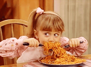 Michelle tanner from Full House stuffing her face with spaghetti.