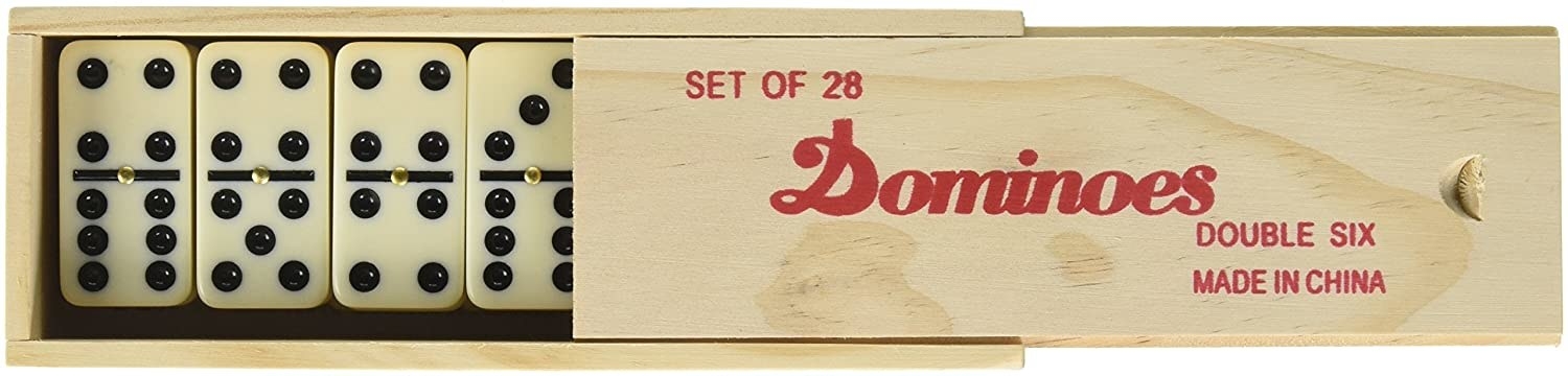 A wooden box  with the top slid halfway open to reveal the dominoes