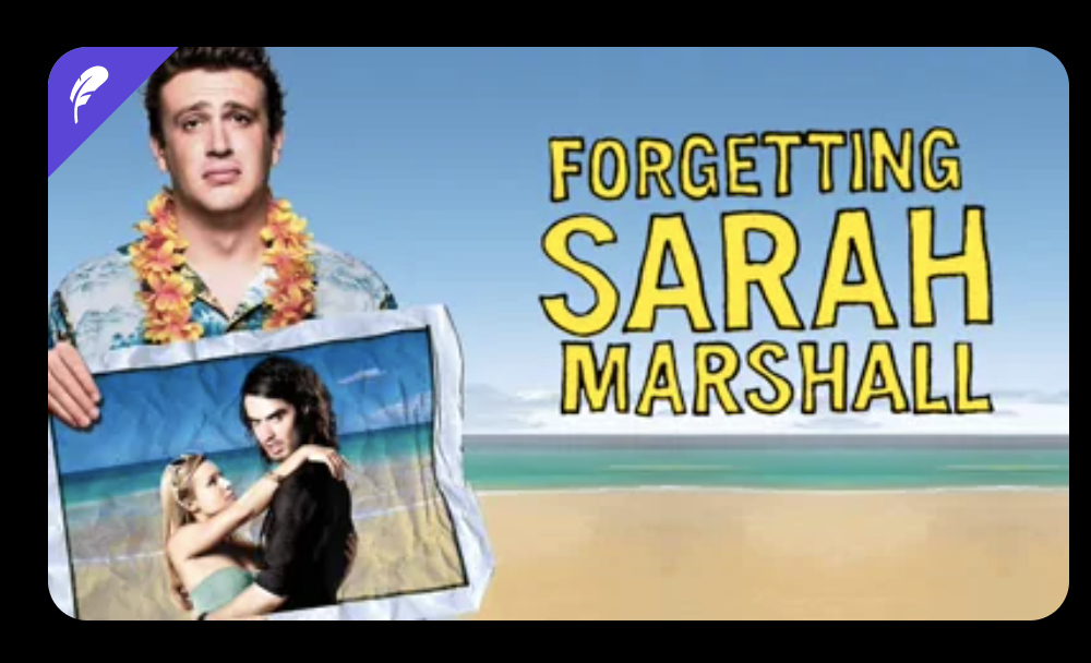 The promo image for &quot;Forgetting Sarah Marshall,&quot; with the purple feather in the corner