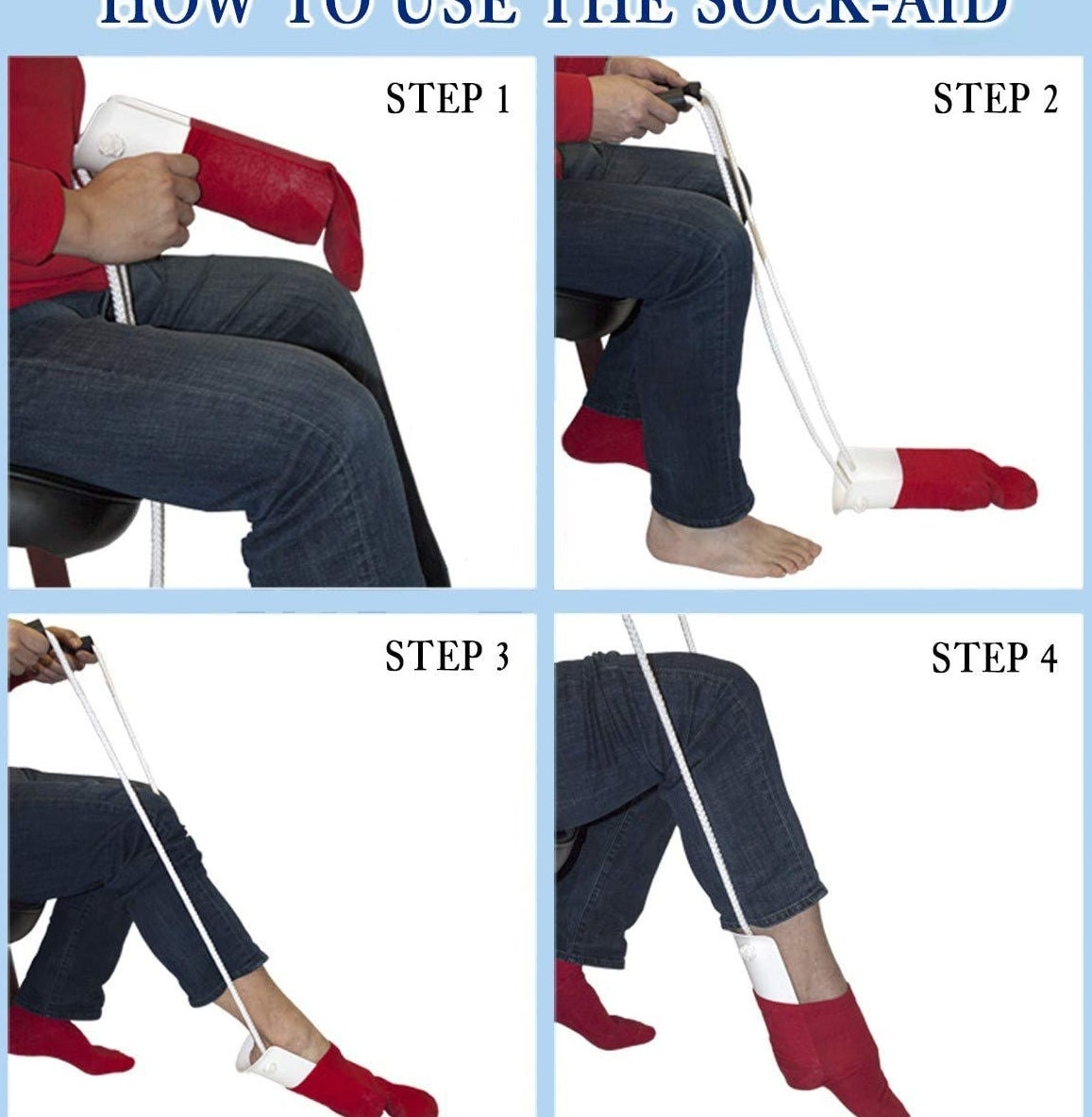 four steps of person using the curved piece of plastic with ropes attached to slip on a sock