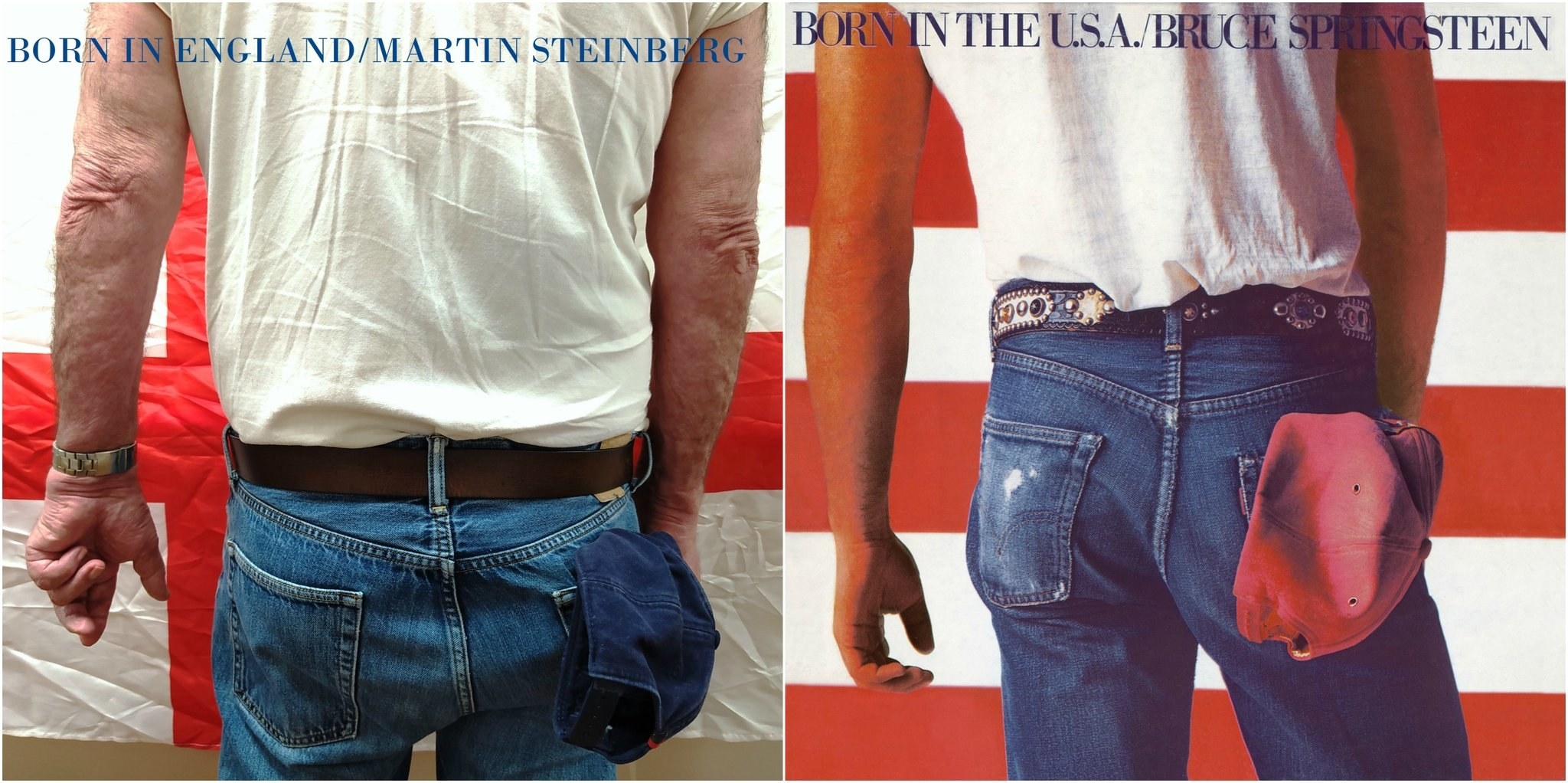 An elderly man recreating Bruce Springsteen&#x27;s Born In the USA album cover