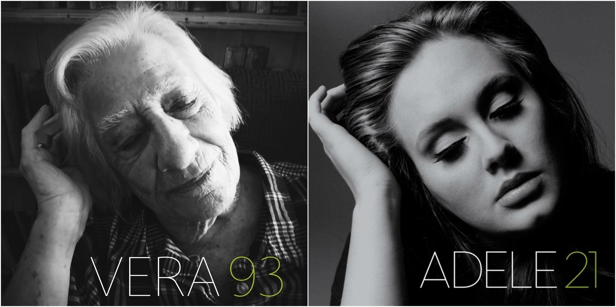 An elderly woman recreating Adele&#x27;s 21 album cover