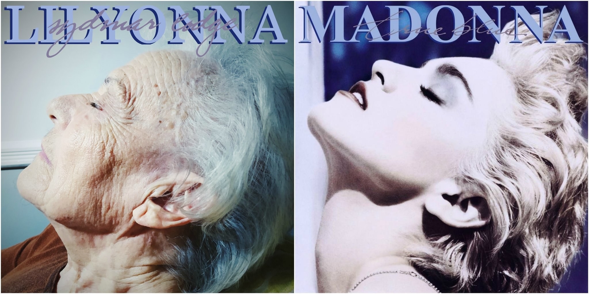 An elderly woman recreating Madonna&#x27;s Love Blind album cover