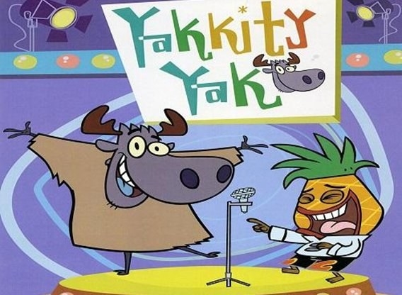 A moose and an anthropomorphic pineapple singing into a mic