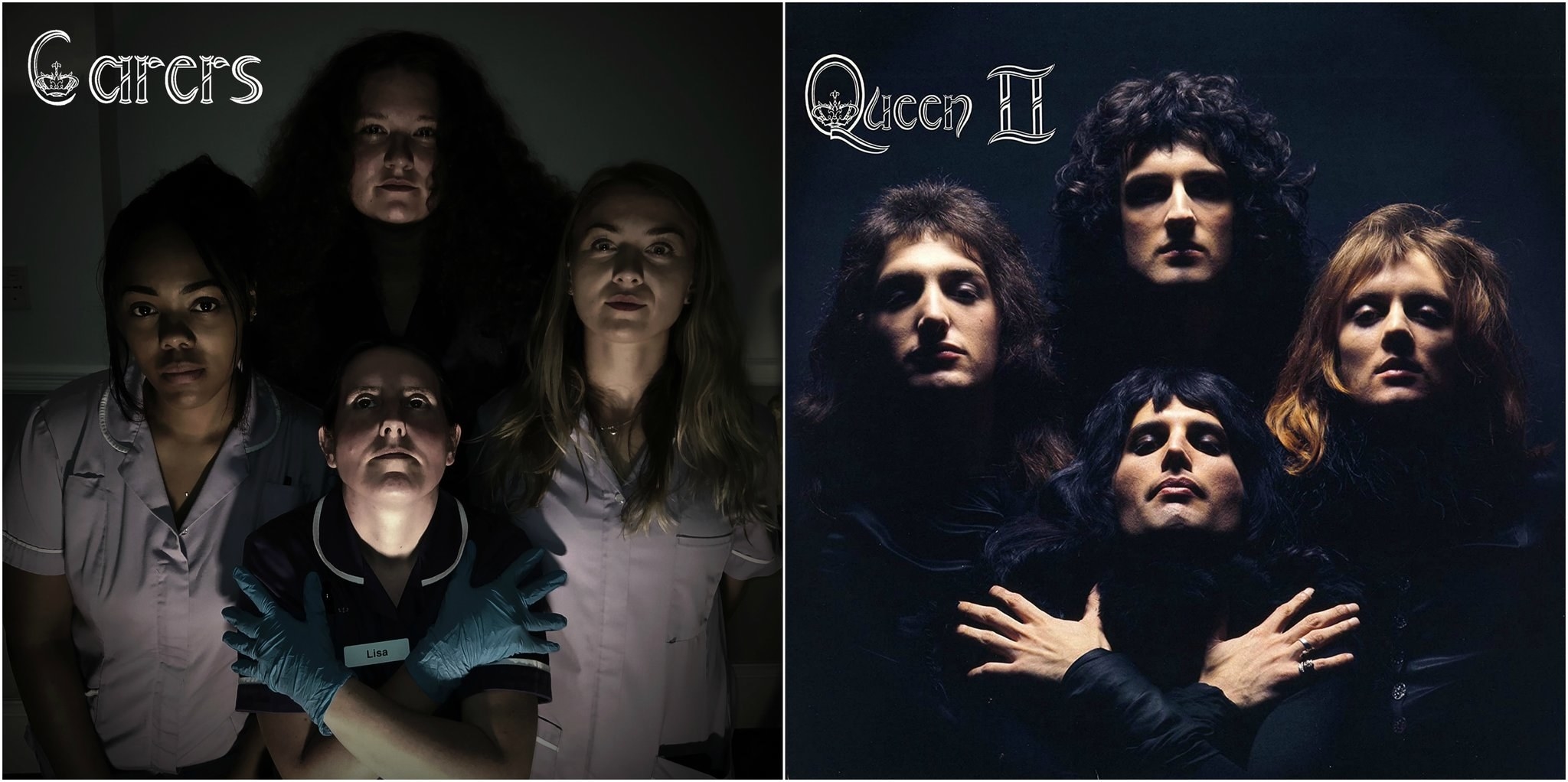 A group of carers recreating Queen&#x27;s Queen II album cover