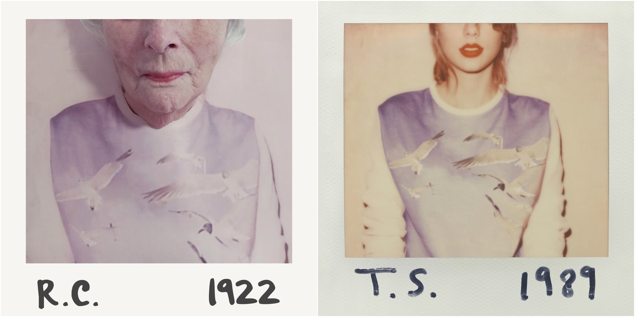 An elderly woman recreating Taylor Swift&#x27;s 1989 album cover