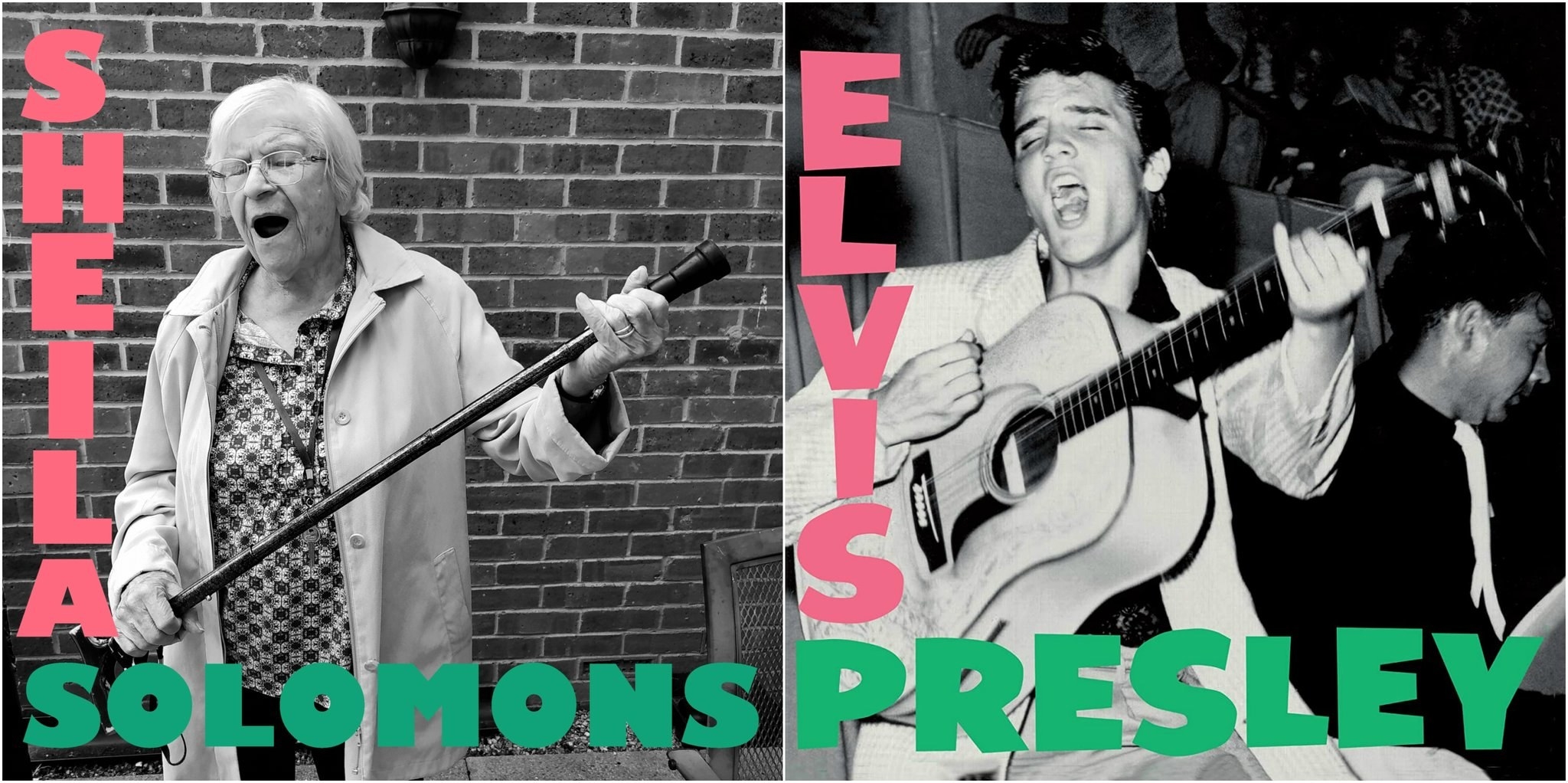 An elderly woman recreating Elvis&#x27; self titled album cover