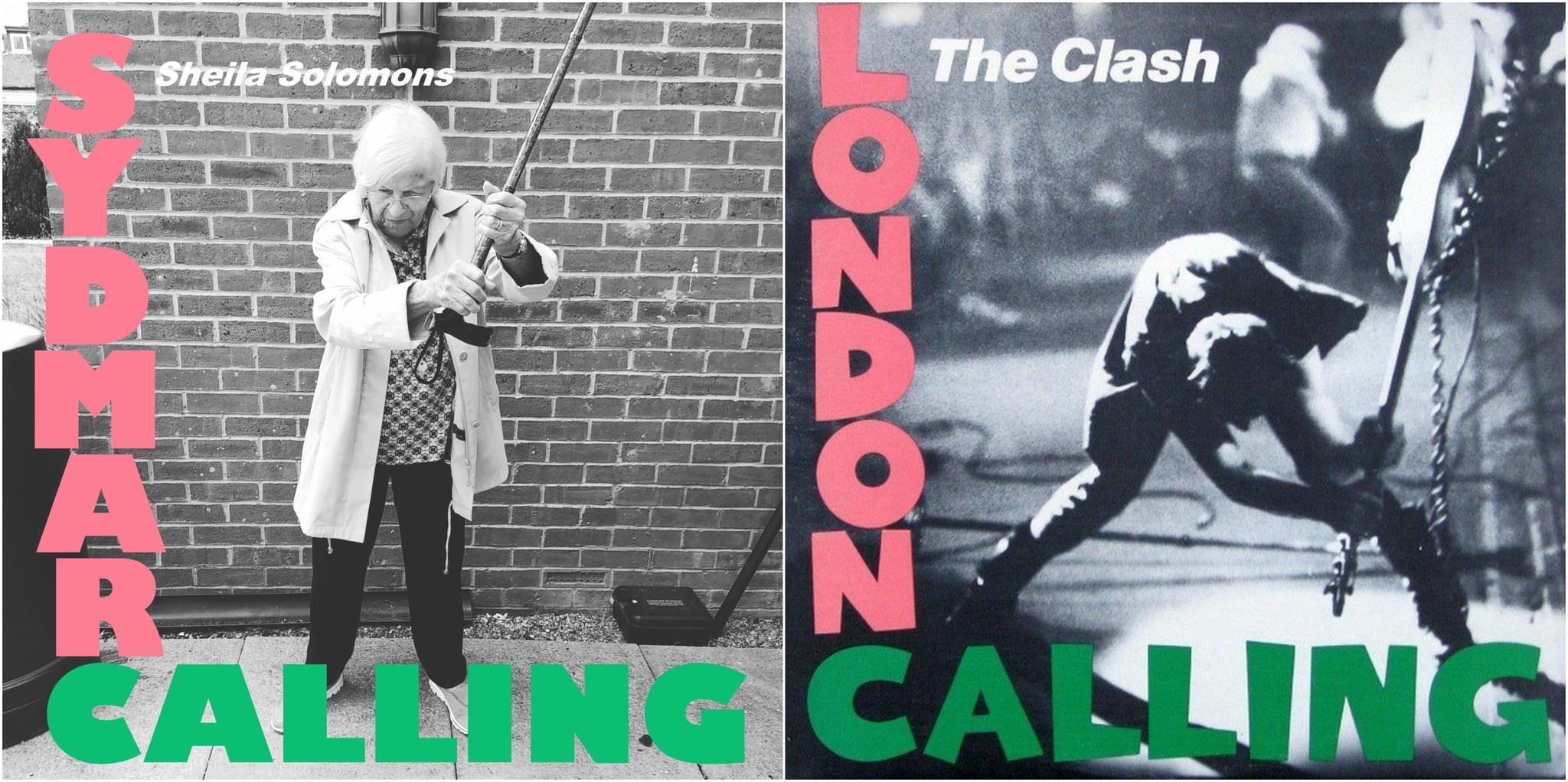 An elderly woman recreating The Clash&#x27;s London Calling album cover