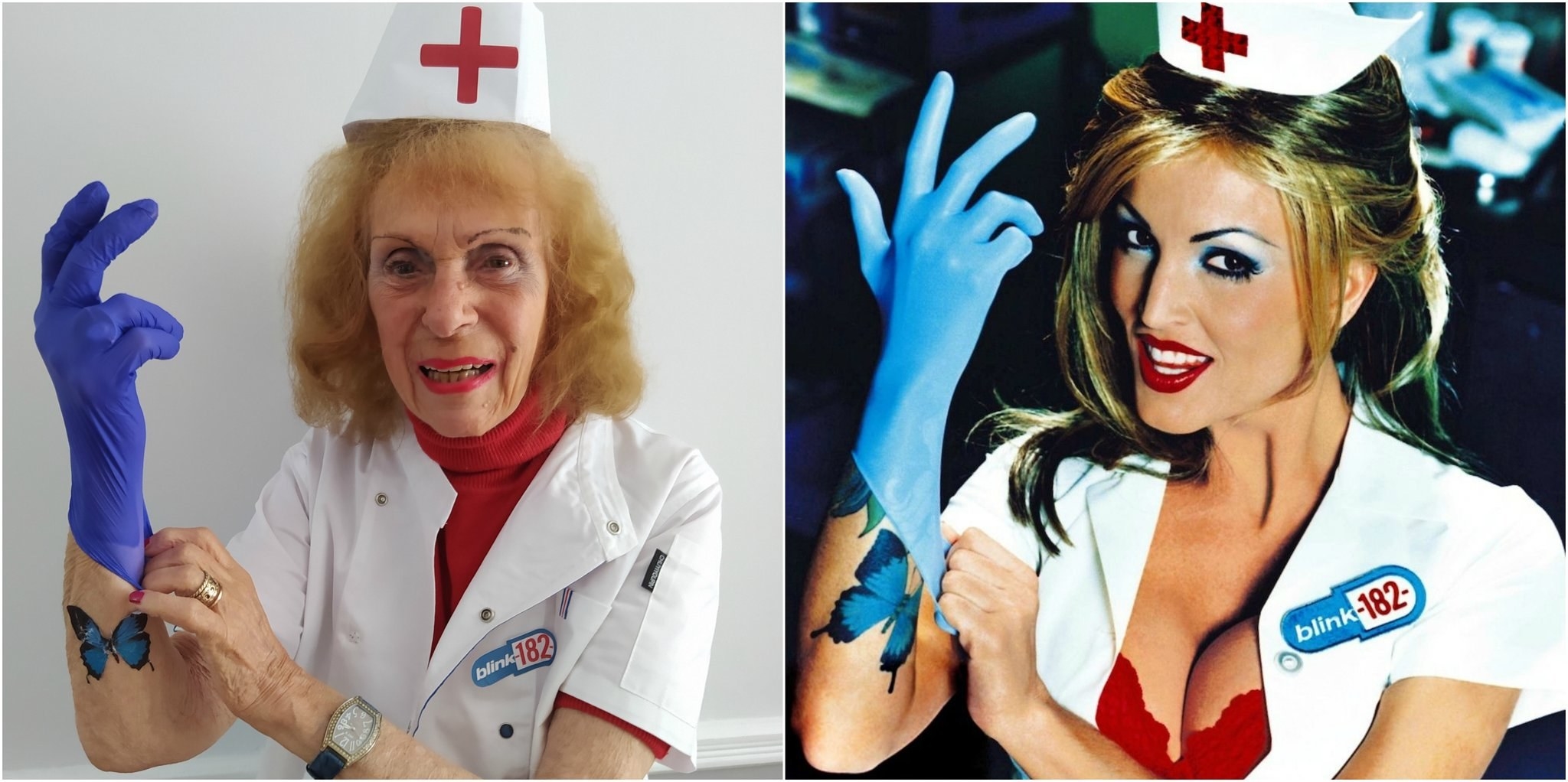 An elderly woman recreating Blink-182&#x27;s Enema of State album cover