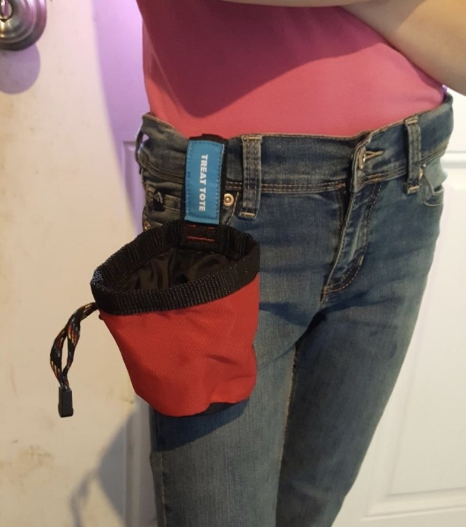 A reviewer with the bag attached to their pocket 