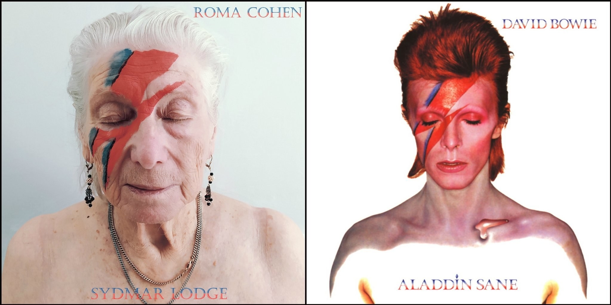 An elderly woman recreating David Bowie&#x27;s Aladdin Sane album cover 