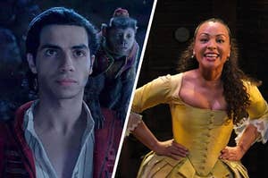 On the left, Aladdin stands with Abu on his shoulder in the live-action "Aladdin," and on the left, Jasmine Cephas Jones sings "the Schuyler sisters" as peggy in "hamilton"