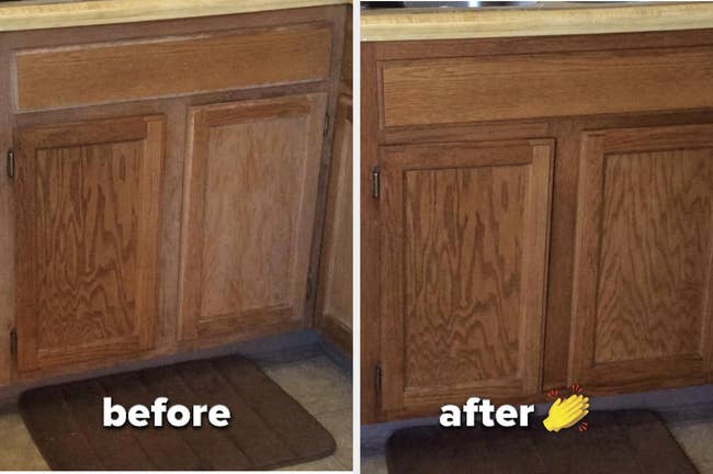 A damaged wood cabinet in a before pic, and an after pic without any scratches or wear and tear 