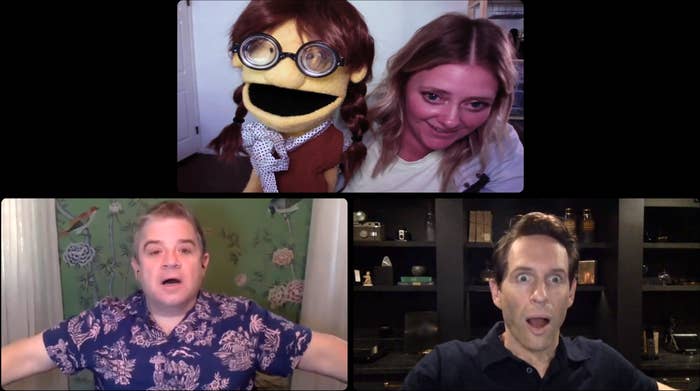A fan of the show AP Bio showing a puppet to a shocked Patton Oswalt and Glenn Howerton