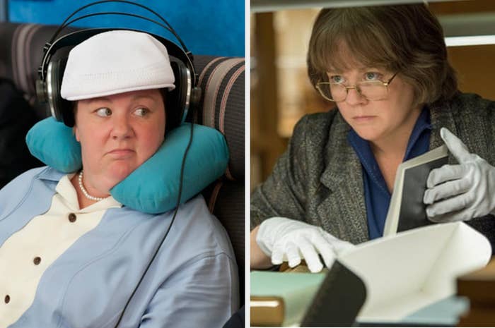Melissa McCarthy wearing relaxed clothes on a plane in "Bridesmaids" next to another image of her in a suit handling a book in "Can You Ever Forgive Me?"