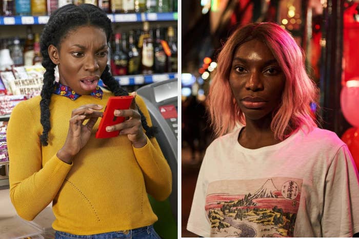 Micheala Coel looking shocked at her phone in &quot;Bubblegum&quot; next to a serious image of her looking directly into the camera lens in &quot;I May Destroy You&quot;