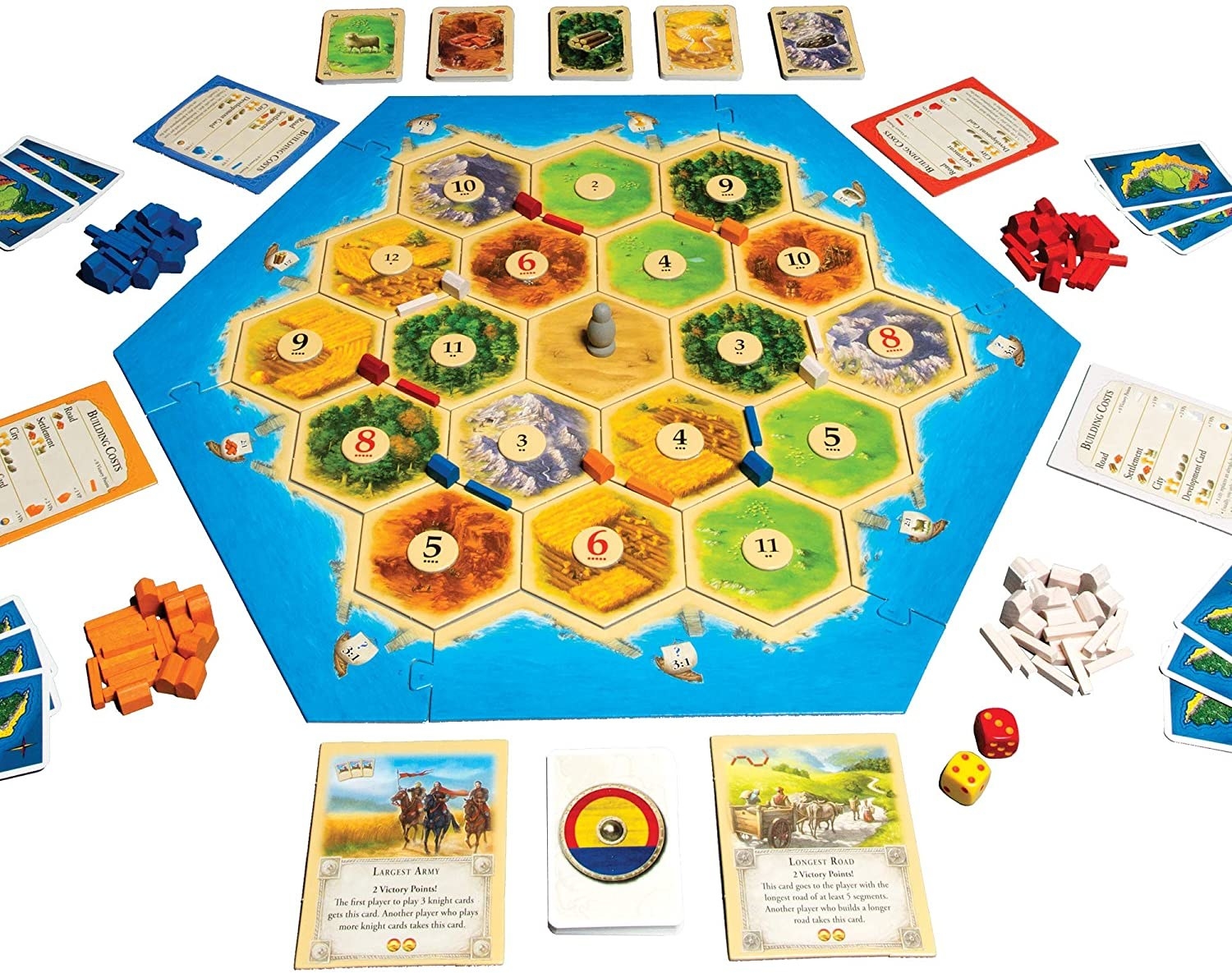 The board, cards, dice, and all the pieces included in Catan