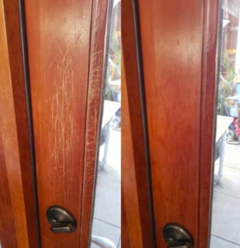 A before and after of a reviewer's wood door covered with scratches then no noticeable marks