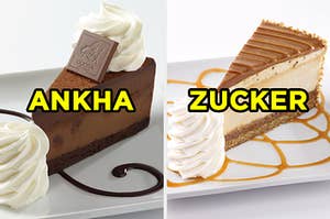 On the left, a godiva chocolate cheesecake with "ankha" typed on top of it, and on the right, a salted caramel cheesecake with "zucker" typed on top of it